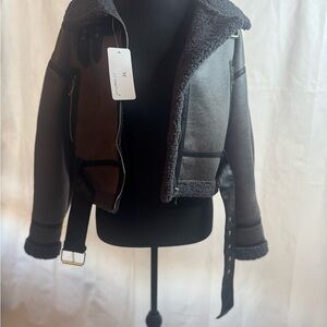 Women's Shearling Moto Jacket - Black/Grey